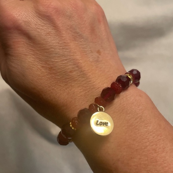 Burgundy Red Crystal Beaded Stretch Bracelet: Gold 'Love' Charm, Handmade - Picture 3 of 4